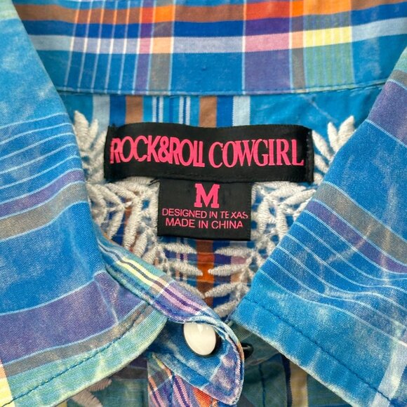 Rock & Roll Cowgirl Blue Plaid Western Snap Button Shirt SZ M Embroidered - Picture 3 of 13